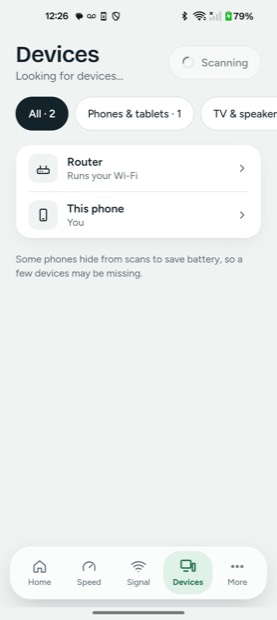 Device scan on the plane: two devices found, the router and this phone