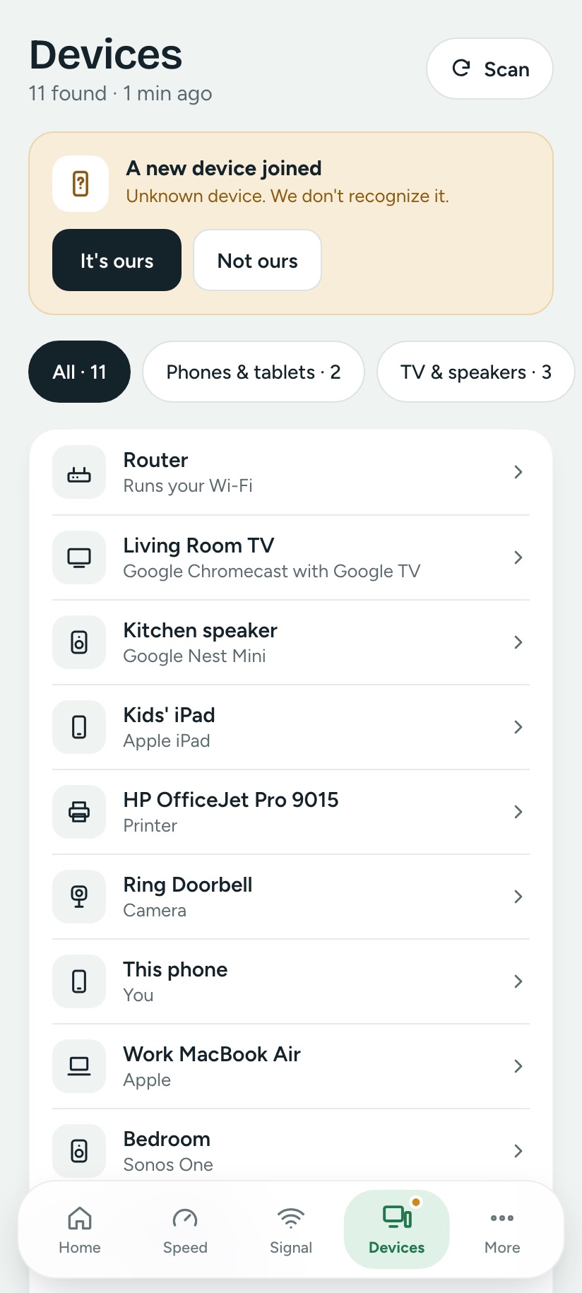 Wifify devices list recognising a TV, smart speaker, iPad, printer and doorbell camera, with one new device flagged